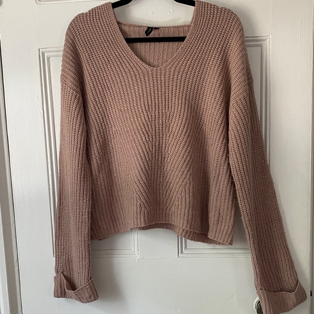 moon & madison women’s large light pink knitted cropped sweater with hood